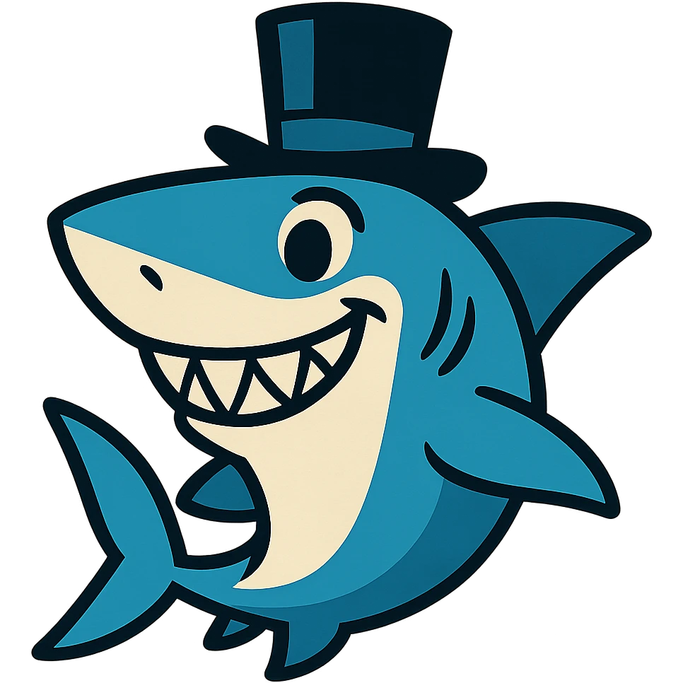 cartoon shark with a black top hat, smiling emoji