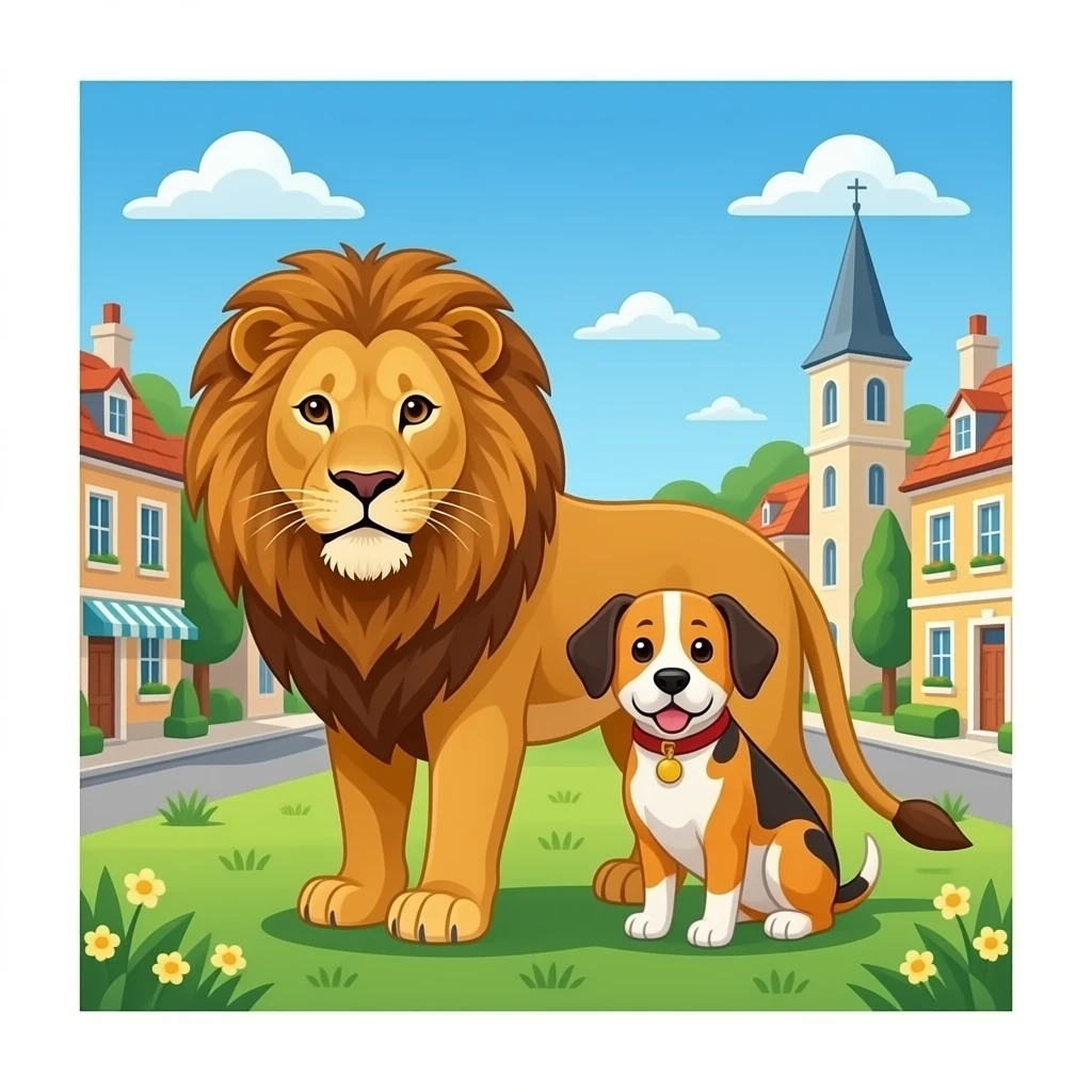 quiero un leon y un perrro que esten en un pueblo que la gente le tenga mido para el finalde un cuento emoji