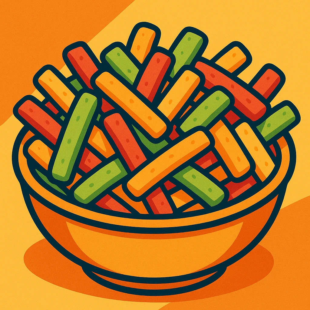 a bowl filled with assorted veggie straws, bright and appetizing, cartoon style emoji