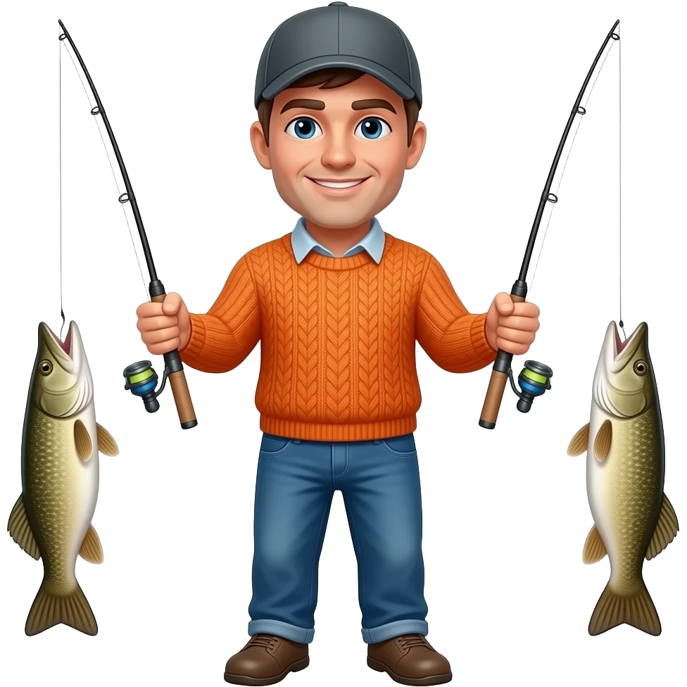 a guy in an orange sweater and a baseball cap holding 2 fishing rods with muskie fish on the end of both lines emoji