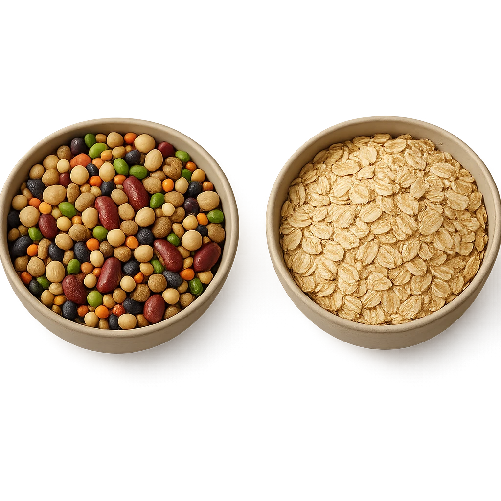BOWL DI LEGUMI INSIEME A BOWL DI FIOCCHI DI AVENA POGGIATE,  iperrealistico 4k emoji