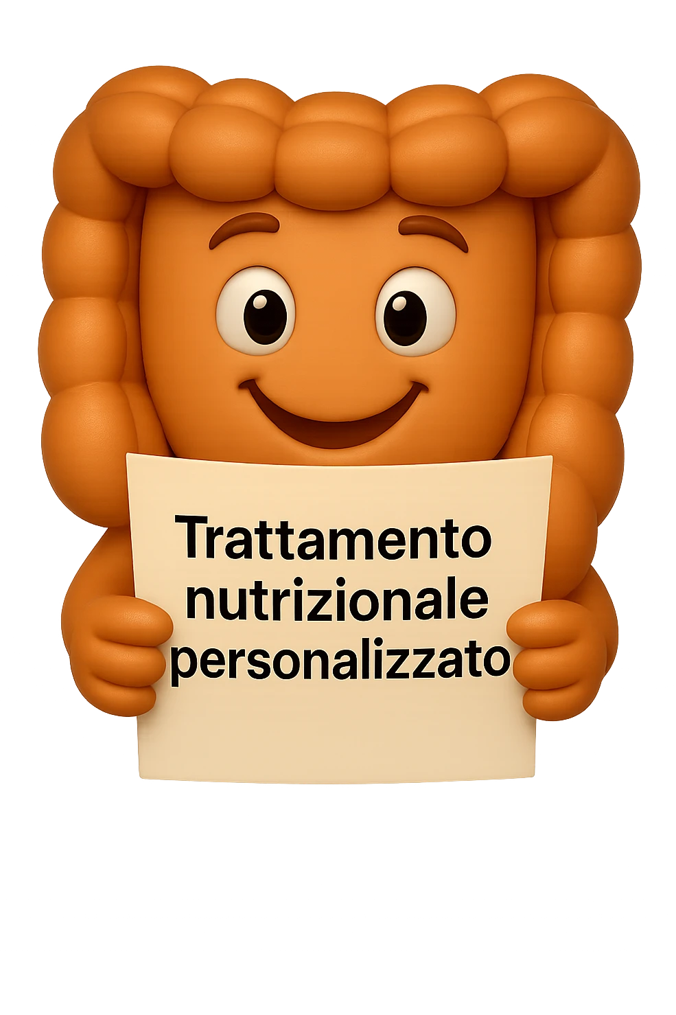 emoji stile iphone di un intestino felice che legge un foglio con la scritta "trattamento nutrizionale personalizzato", non fargli il naso, iperrealistico 4k emoji