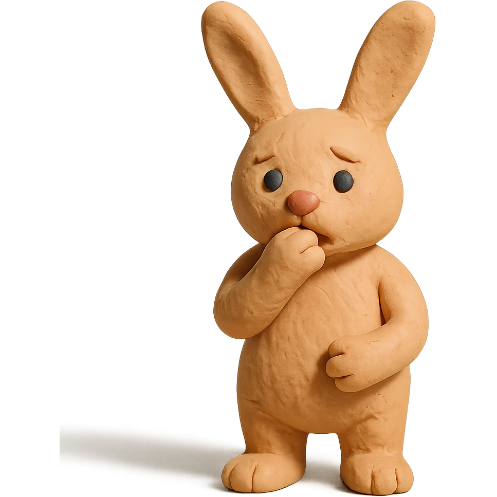 apricot bunny biting paw nervously, full body, claymation style with matte plasticine and pastel colors emoji