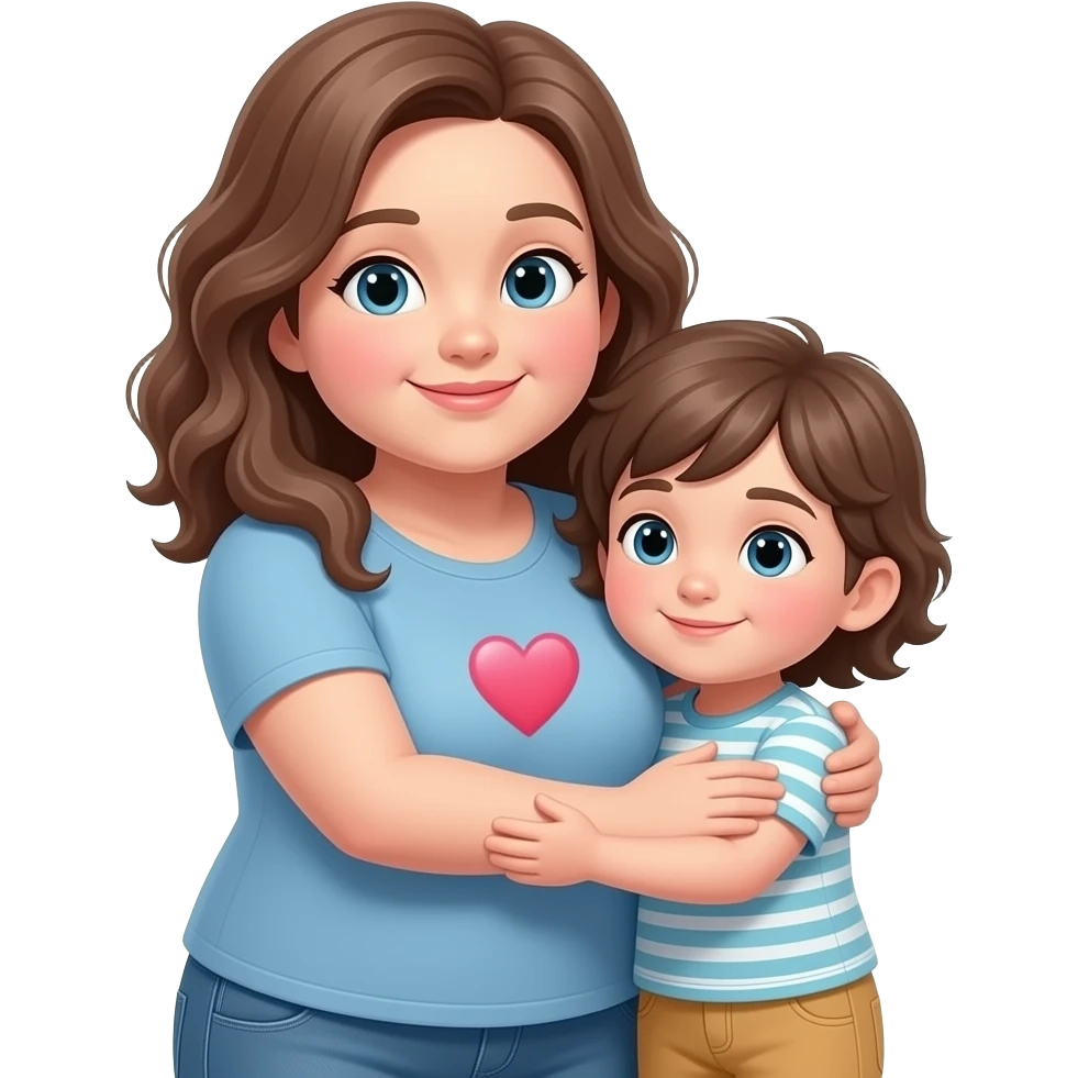 crea un emoji de una gorda no tan blanca cabello ondulado , abrazando a un niño del mismo tamaño blanquito y este corazón 💘 , a cuerpo completo los dos emoji