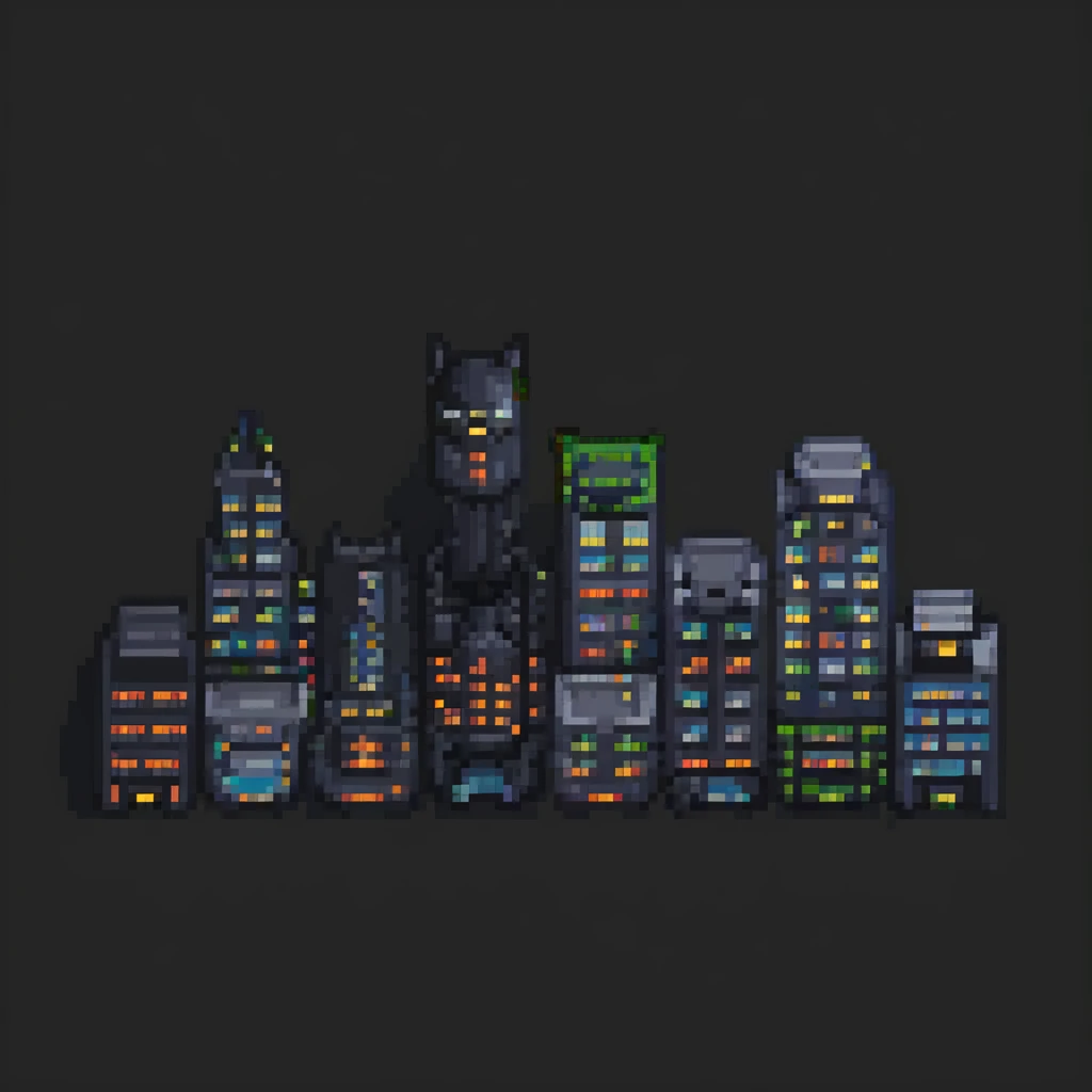 Pixel art night scene of Gotham City. Dark, moody street with a flickering lamppost, trash bins, and a few shadowy human silhouettes. Gritty atmosphere, subtle lighting, cinematic noir vibe. emoji