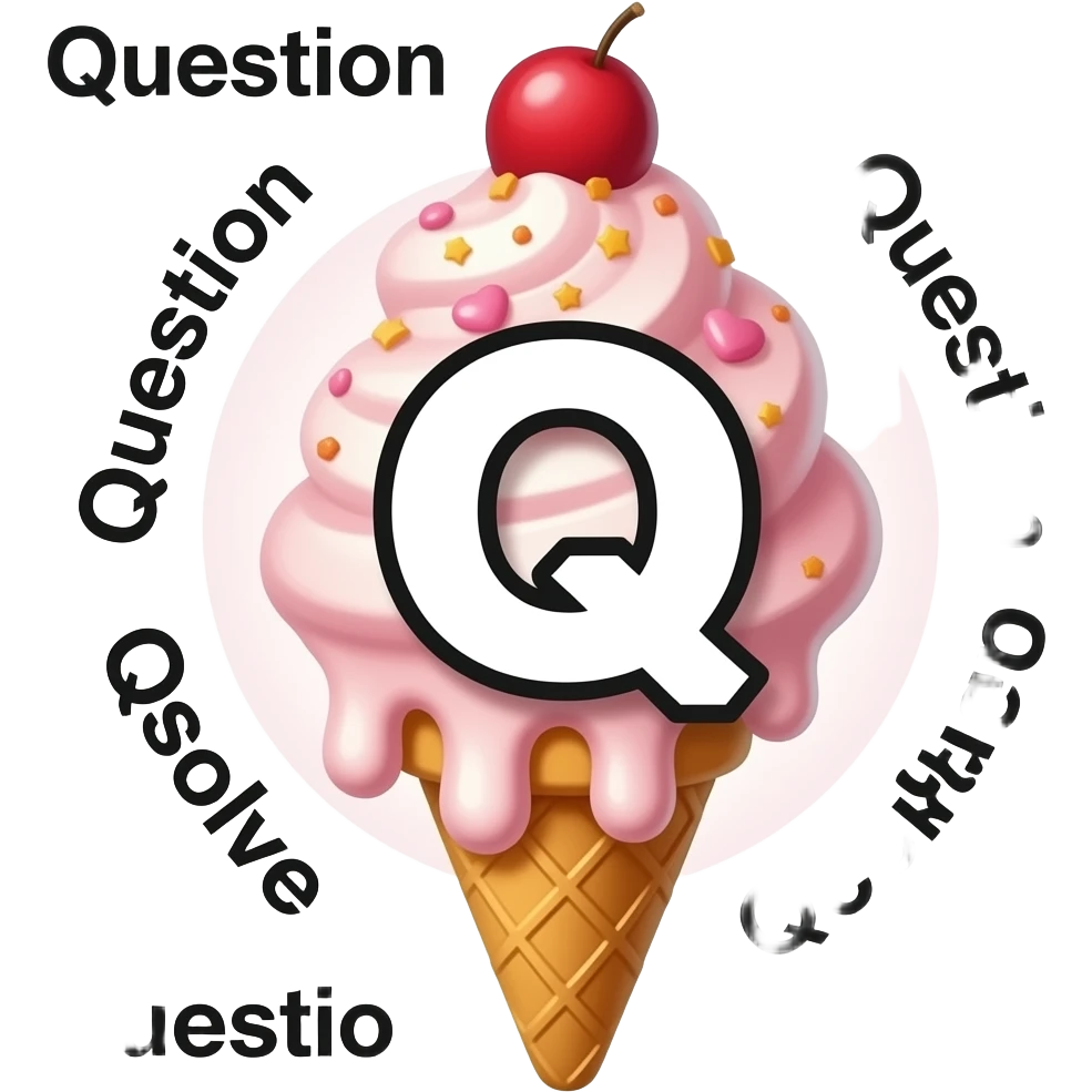 The big letter "Q" in the center. Smaller the Words "Question", "Question", "Question", "Qsolve", "Qcollect" und "Qteach" around it in a comic style ice cream cone emoji