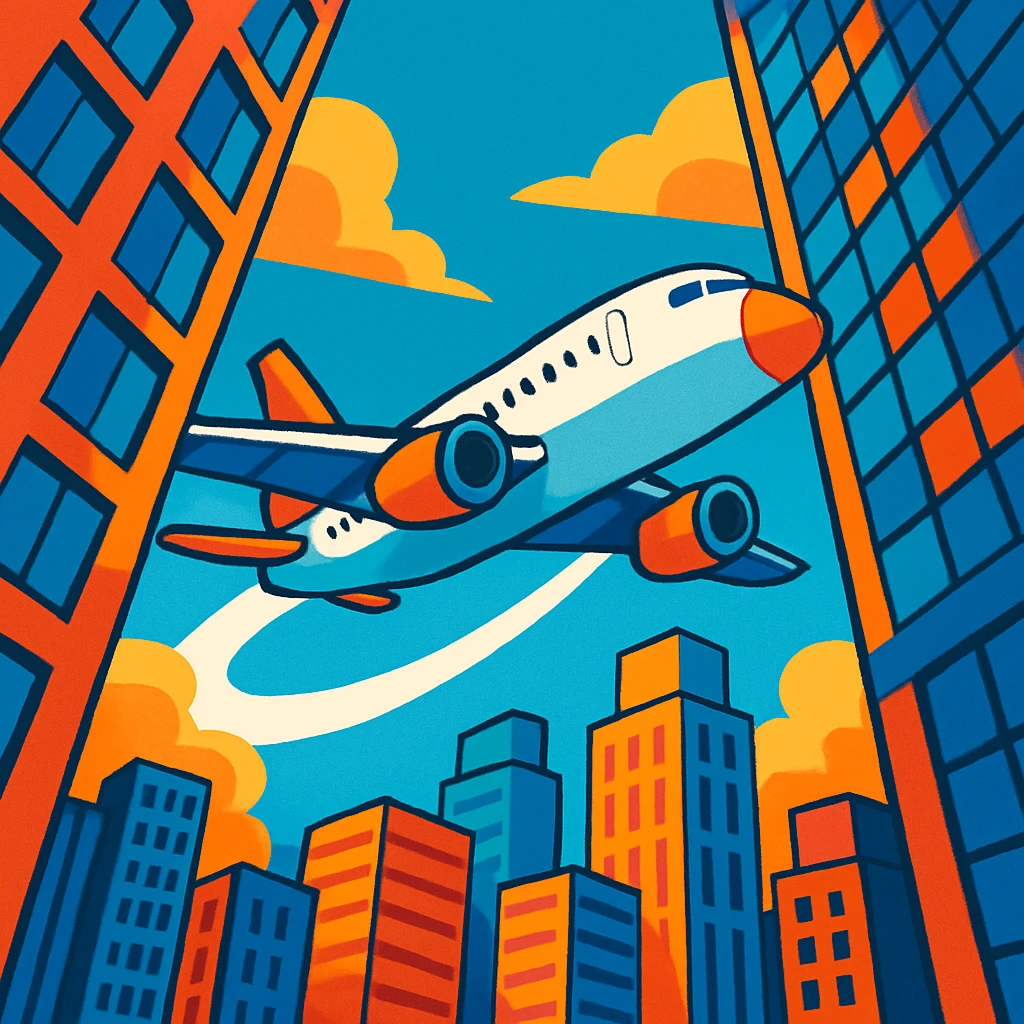 A plane flying through two skyscrapers, cityscape, dramatic perspective, vibrant colors, no text emoji