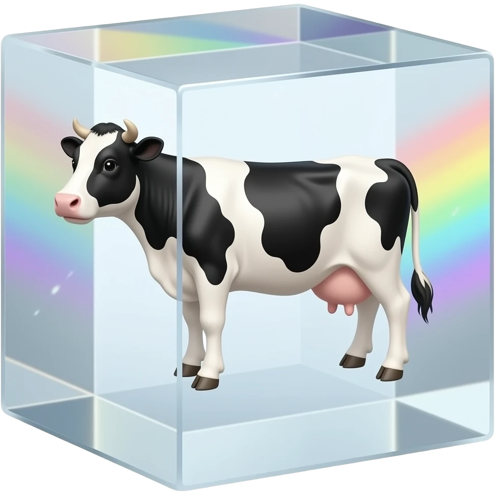 a black and white cow stands inside a glass prism floating in space and shining with rainbow colors - refraction of light emoji