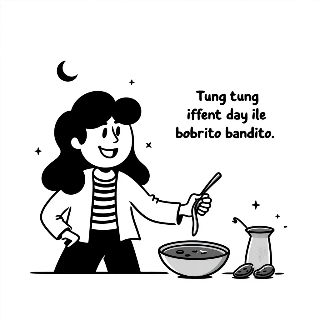 black doodle of a joyful iftar scene with a burrito bandit character, playful and fun, labeled 'Tung tung iftar ile bobrito bandito' emoji