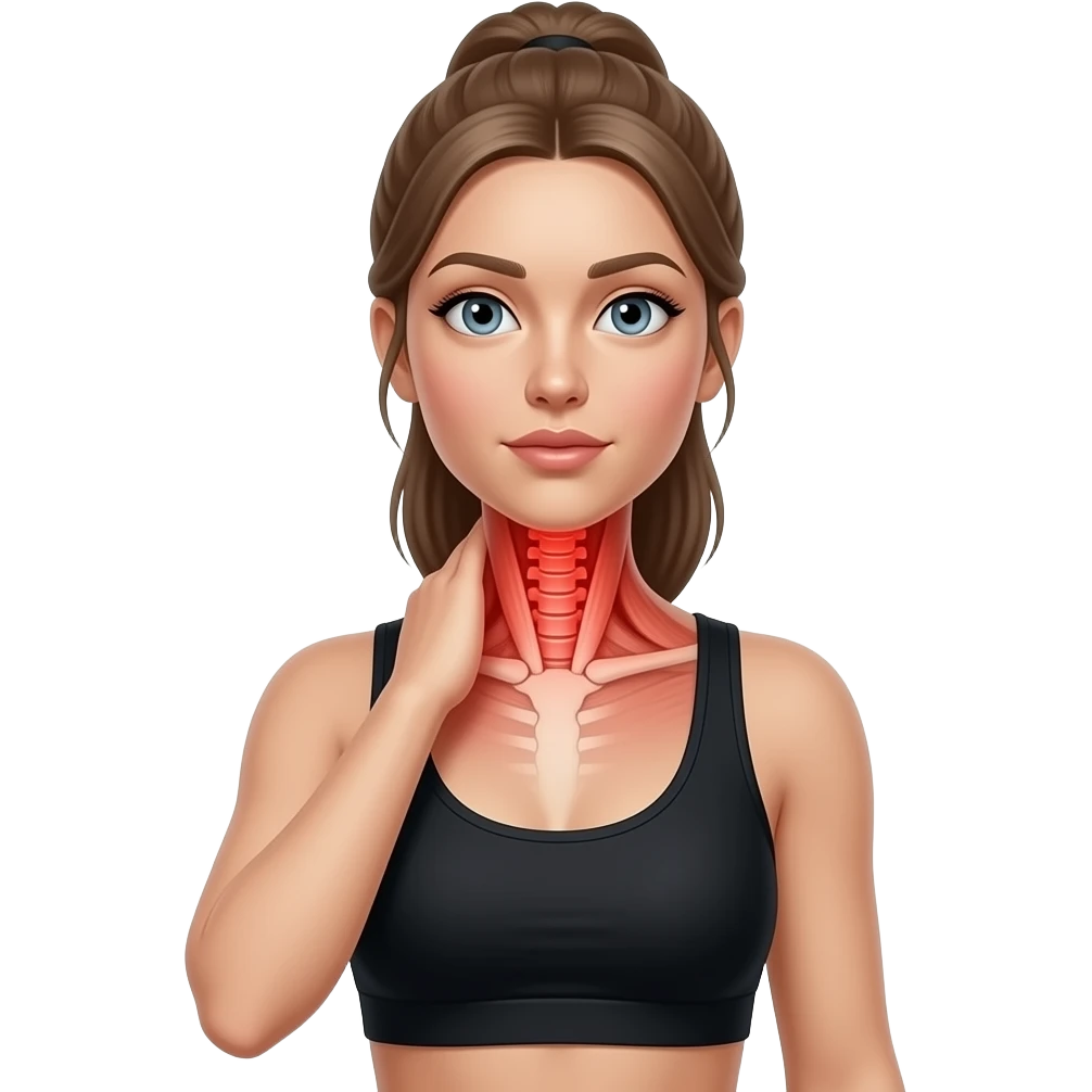 neck pain, anatomical highlight of the cervical spine and neck muscles, full red glow over the entire neck area, woman touching her neck, fair-skinned woman, gray-blue eyes, ash brown brows, ash light brown hair tied back, slim athletic body, black workout set emoji