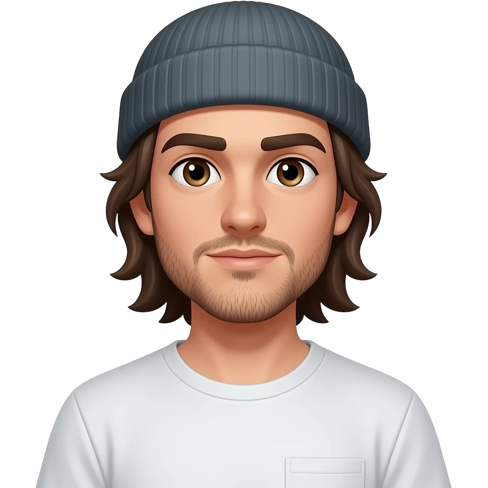 Lean physique, dark brown thick eyebrows, long brown hair man, hazel eyes, very scruffy 5 oclock shadow with beanie skateboarder emoji