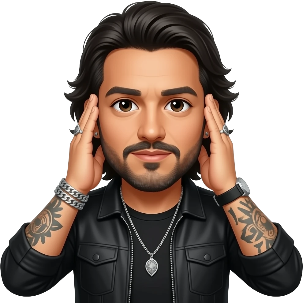 The handsome Latino podcast host with black colored eyes wearing black with silver jewelry, with medium length hair, a pretty long lightly graying beard and tattoos, his ear pierced and right nostril as well, covering his ears with both hand emoji
