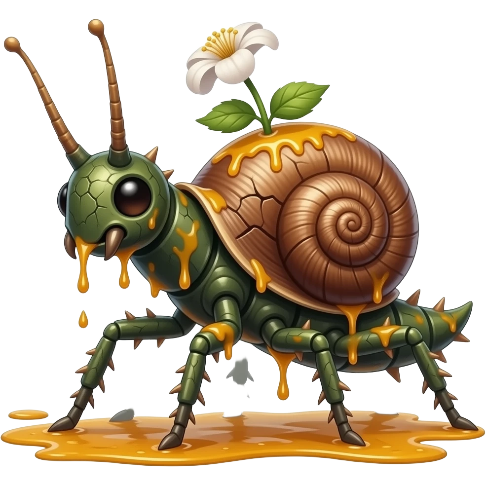 Saprawl A slow forest Walkingsticks crawler with sticky amber sap running through cracks in its bark-like body. it's made of bark but has one blooming on its back, it has spikes and runs fast with all its limbs. It's full of leave markings, and looks like a Walkingstick insect with a snail armor emoji