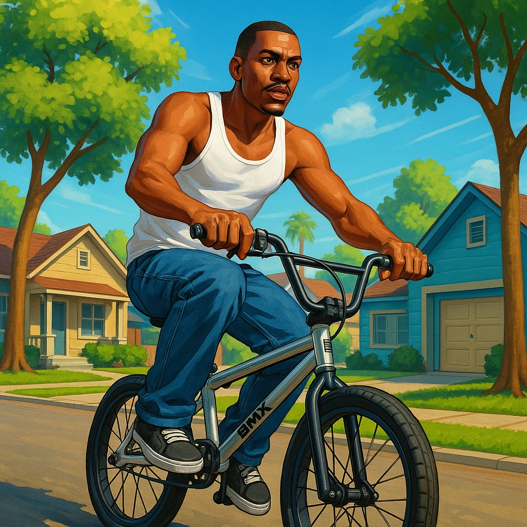 CJ from GTA San Andreas riding a BMX in a suburban background emoji