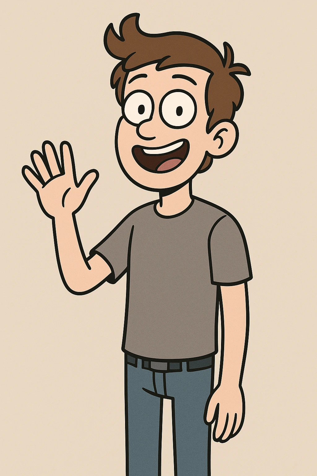 A boy grey shirt blue jeans a hand say hello  emoji