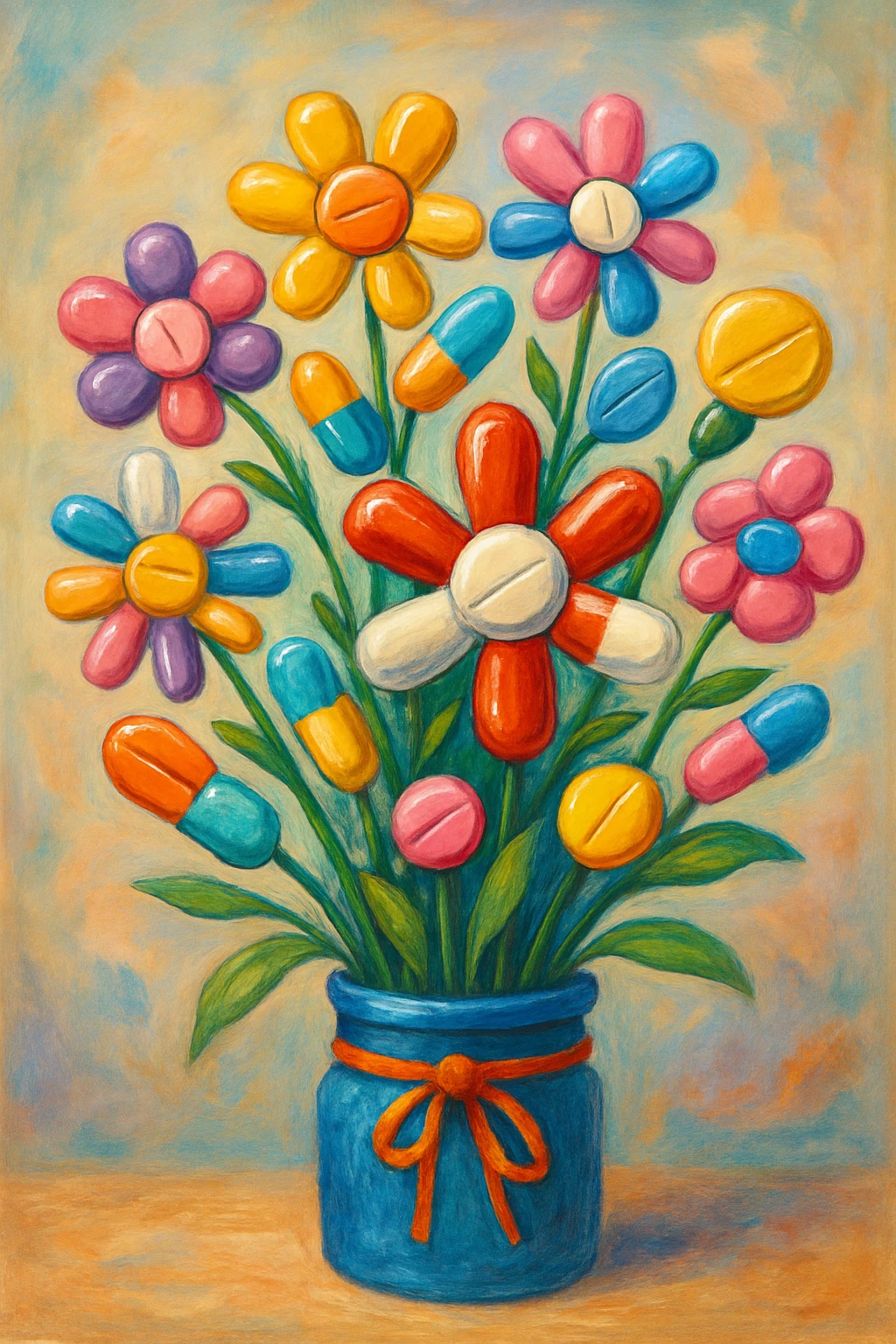 a bouquet where each flower is a different type of pill, lively and imaginative emoji