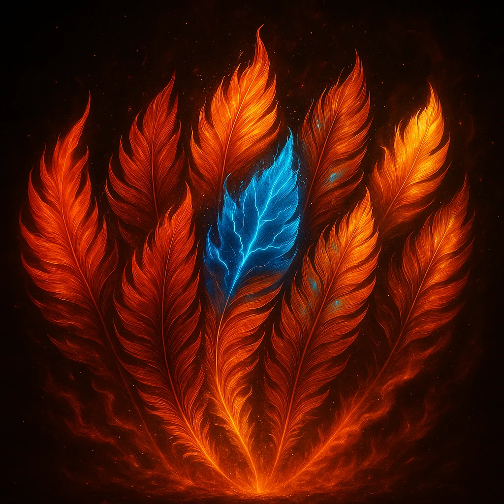Combine all six fiery phoenix feathers into a single set, arranged in a visually pleasing arc or fan shape. The composition should be vibrant and magical with consistent and harmonious backgrounds across all images. Maintain the fiery and mystical essence of the feathers. emoji