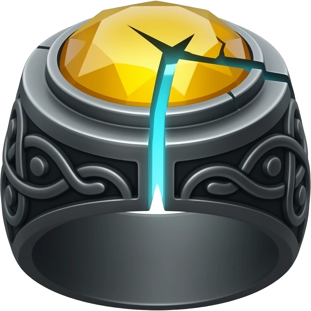 A obsidian ring with a BIG yellow gem, that has a triquetra carved into it, and a crack goin through it glowing light blue emoji