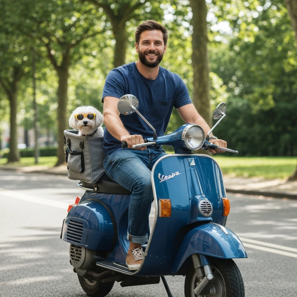 man and his pet dog riding a vespa emoji