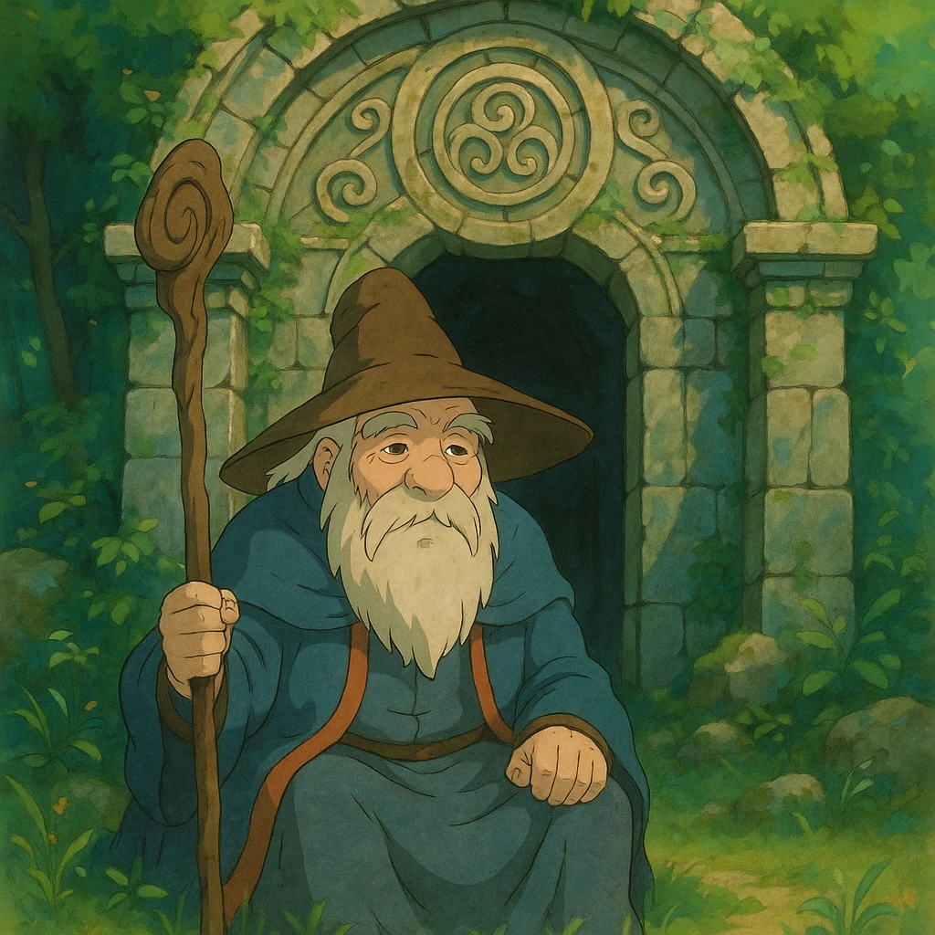 ghibli style scene of a wise old gatekeeper at a mystical gate emoji
