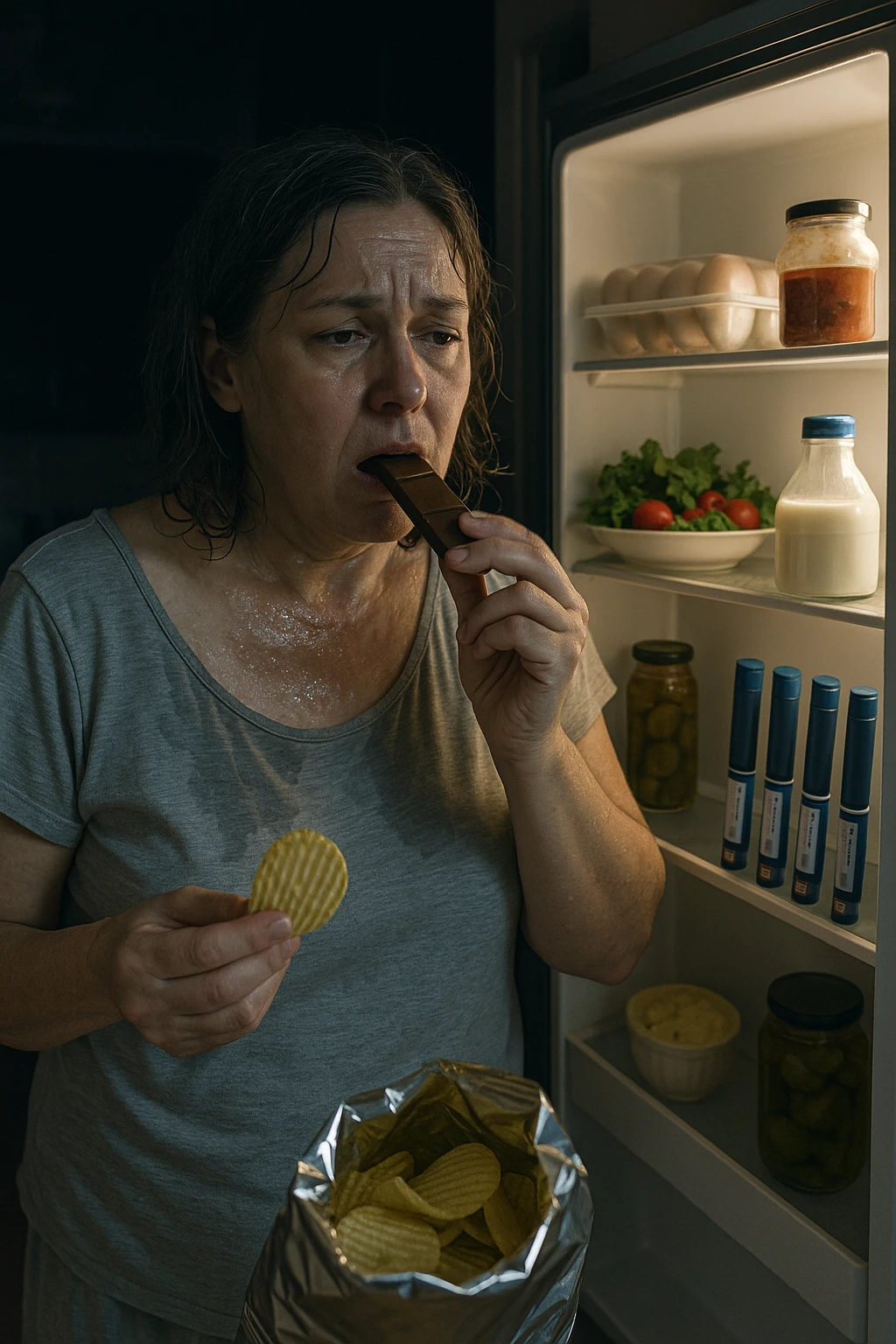 Menopausal woman binge-eating at 2AM after night sweat, fridge light illuminating insulin pens emoji