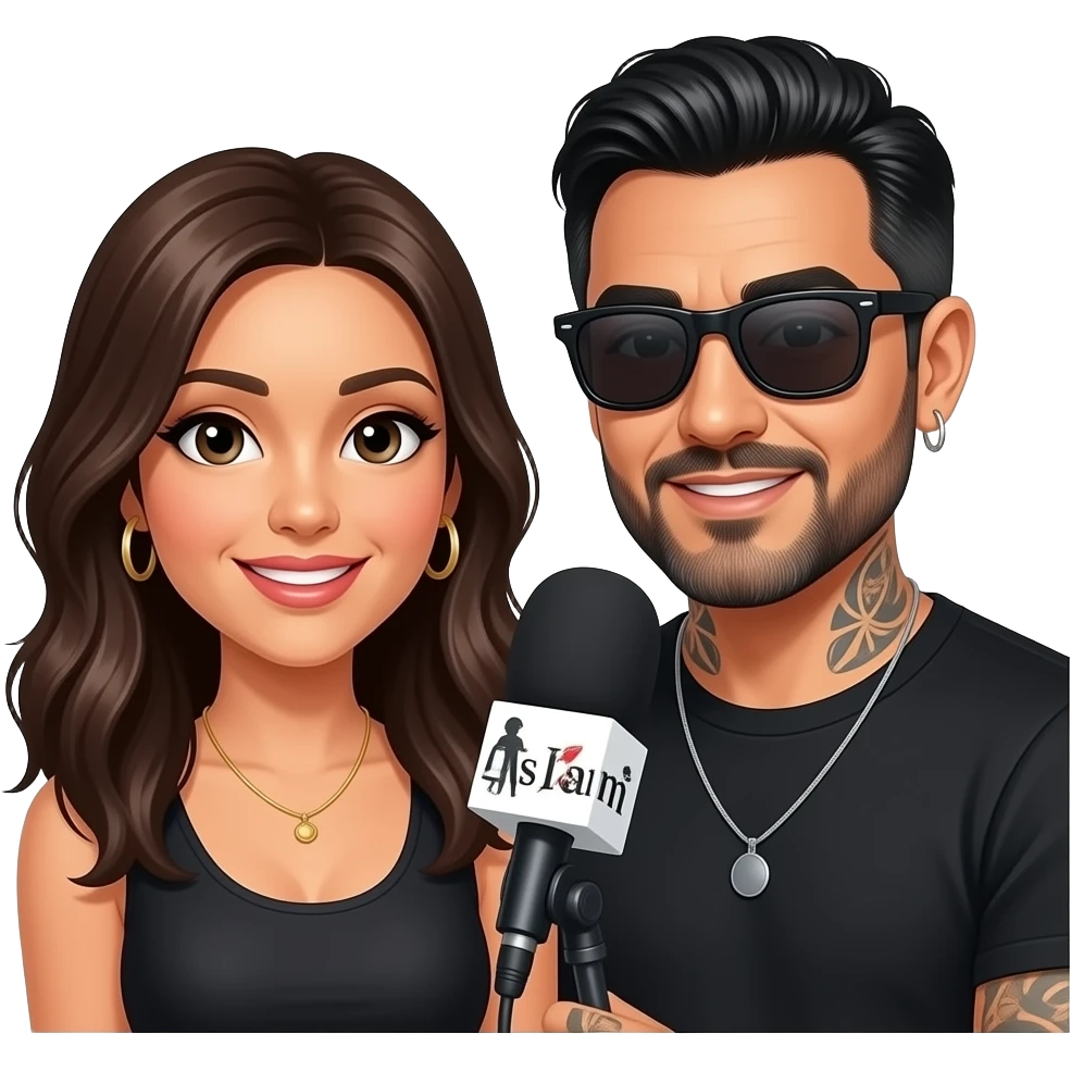 A podcast host, a handsome Latino man with medium hair, a graying beard, tattoos, hoops in his nose and ear, all in black with sunglasses, interviews a woman in front of a microphone with a logo reading "As I Am." emoji