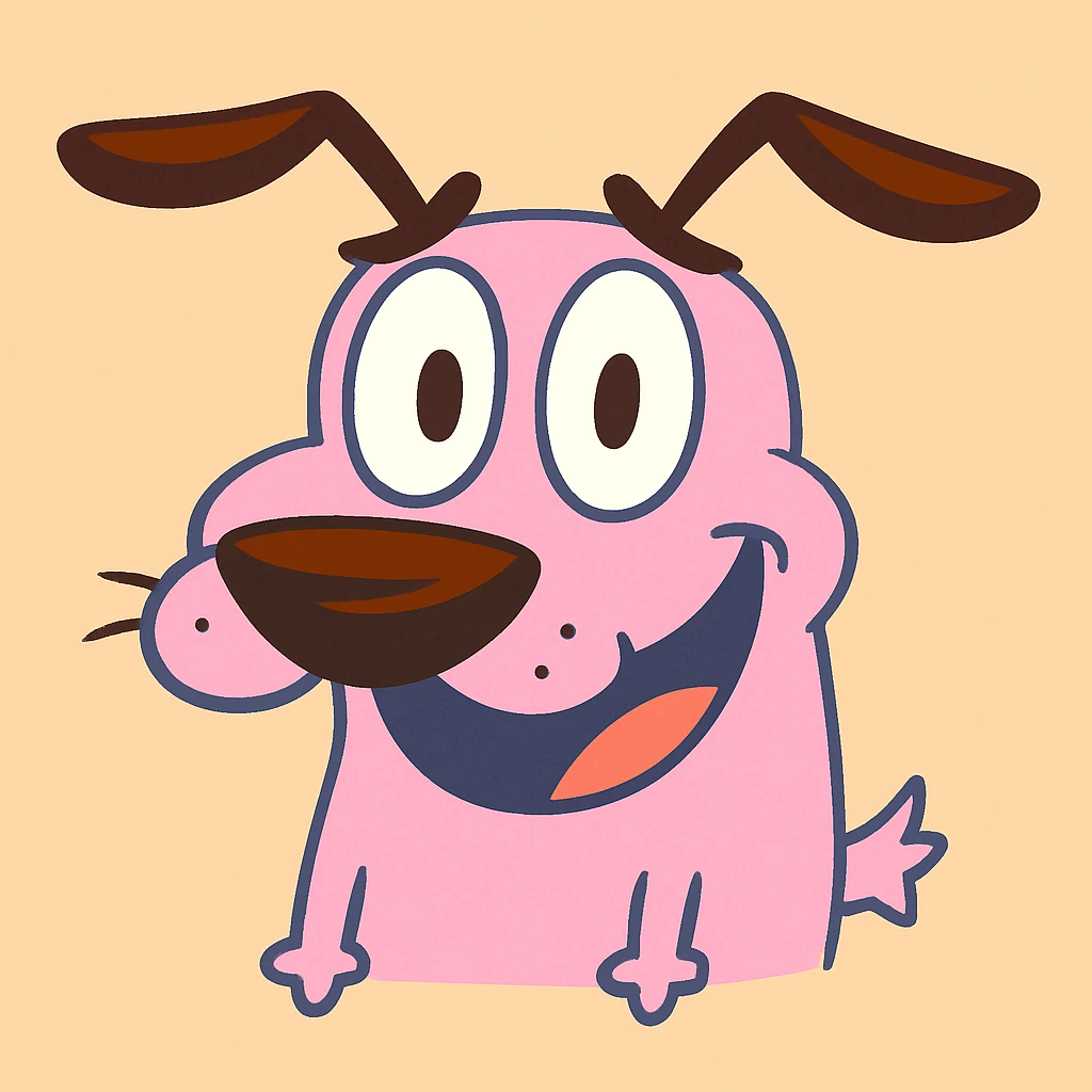 Courage the Cowardly Dog emoji, smiling, pink dog, big nose, pastel toon cartoon style emoji