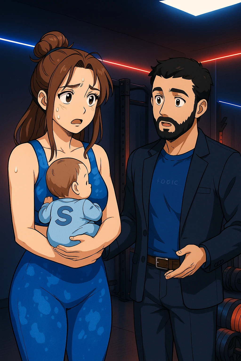 ispirati a questo stile di disegno e fai questa immagine in versione manga/webtoon a colori, il manga mostra la donna preoccupata con un neonato in braccio con una tutina azzurra e la scritta "S" sulla schiena, la donna gli sta facendo una domanda all'uomo, ma non fare i fumetti, fai come se stessero parlando emoji