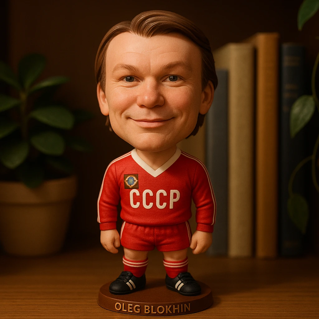Молодой Олег Блохин в форме сборной СССР 1975 года смотрит на прямо на зрителя и слегка улыбается, освещение с левой верхней стороны кадра emoji