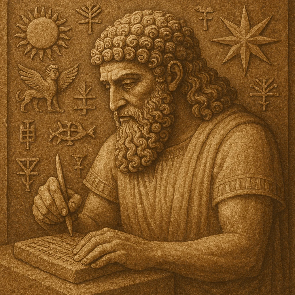 Sumerian god with curly hair, focused on a clay tablet, surrounded by ancient symbols, divine and wise appearance, historical vibe emoji