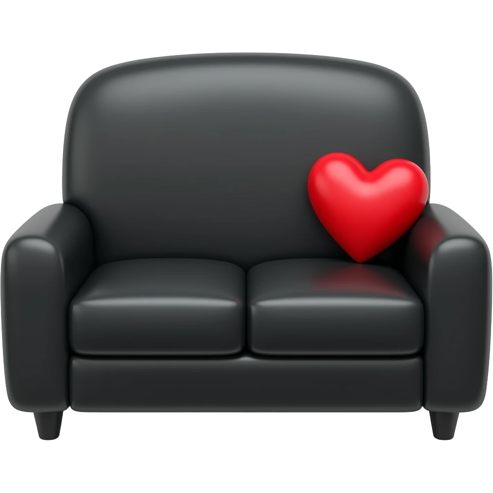 sofa trois places, noir pâle avec petit coussin en coeur rouge emoji