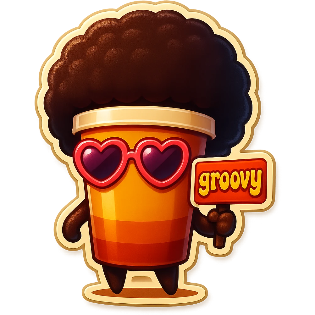 Tall coffee cup, no mouth, afro, heart glasses, holding sign "groovy" emoji