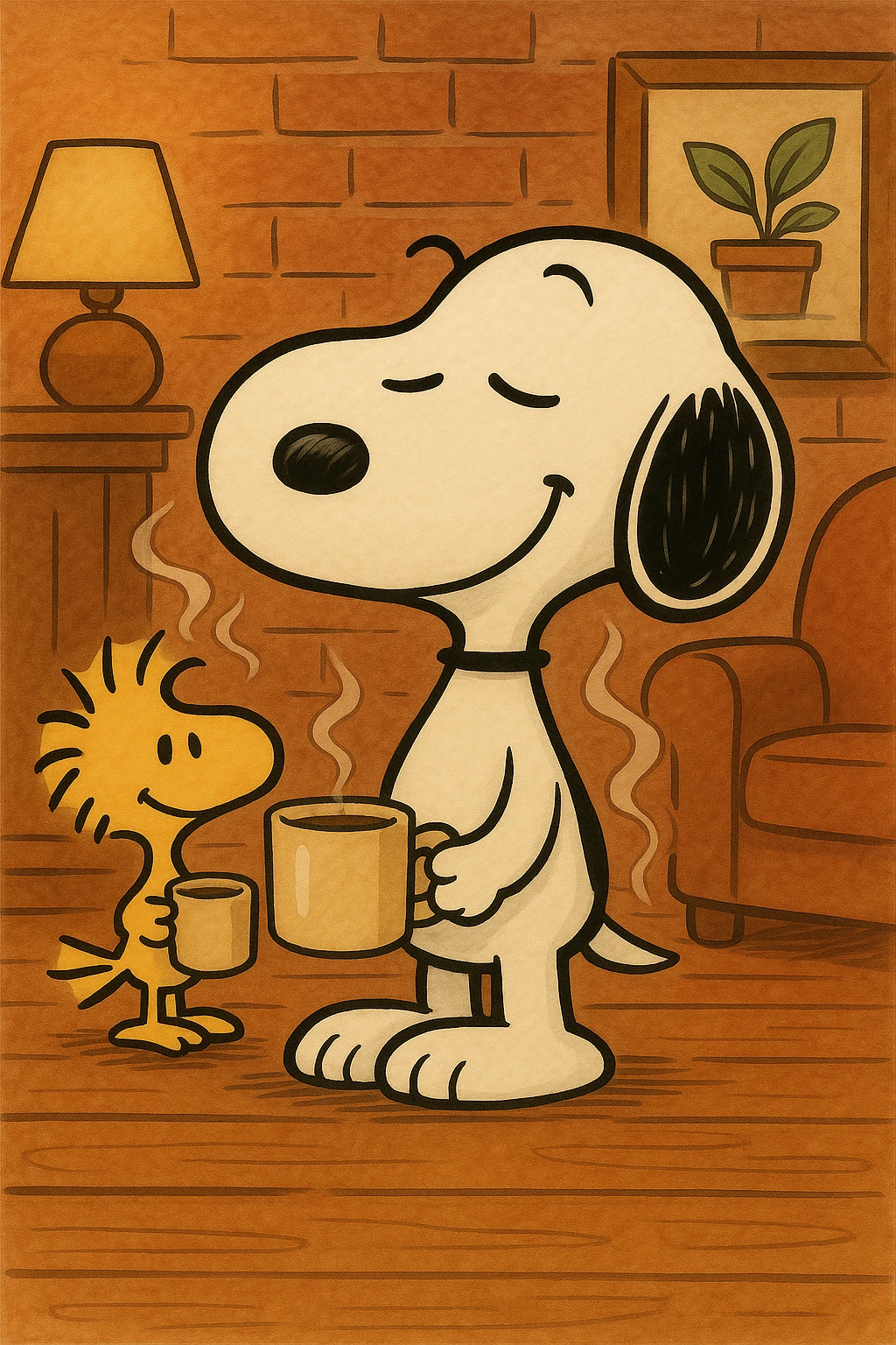 Add Woodstock standing next to Snoopy, both holding a coffee cup, preserving the background, in the GPT image style. emoji