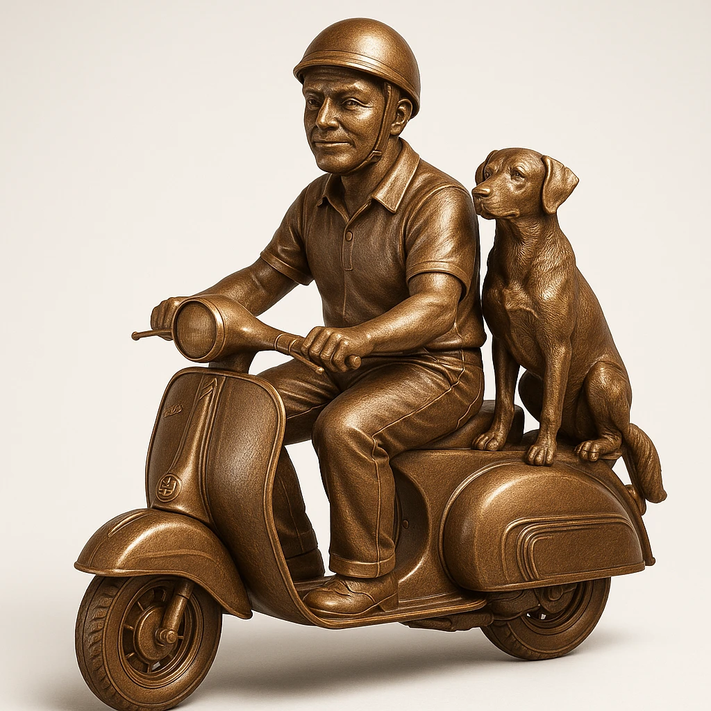 man and his pet dog riding a vespa emoji