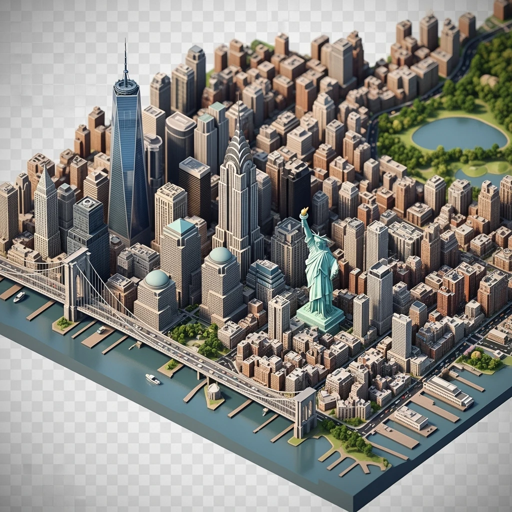 Isometric miniature of New York Сity Empire State Building, Chrysler Building, One World Trade Center, Statue of Liberty, Brooklyn Bridge, and Central Park chaotic low-rise blocks in outer boroughs 3D miniature effect and Tilt Shift effect, no cartoonish look, transparent background. emoji
