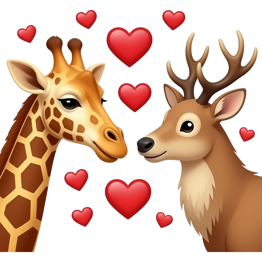 Einfacher Giraffenkopf und Elchkopf schauen sich an mit vielen Herzchen emoji