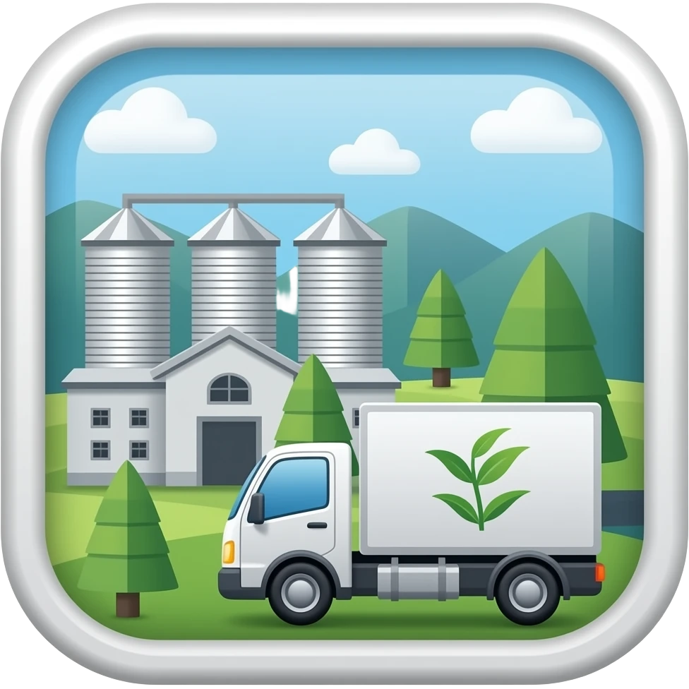 gribusiness emoji: a modern farm factory with silos, a delivery truck, and a digital sprout icon, professional flat vector style, 3D shaded details, transparent background." emoji