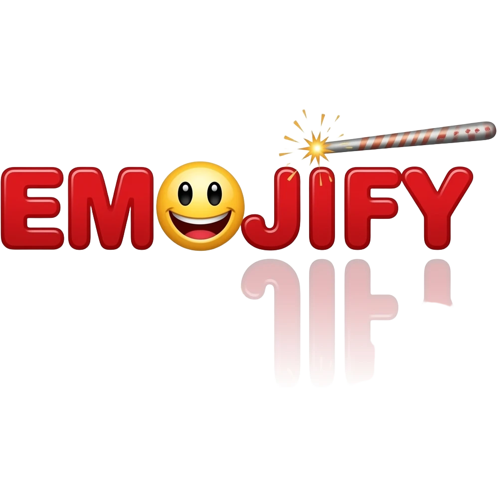 Big red text "EMOJIFY" is stretched in height and width. Letter "O" is a smiley face. Letter "J" in the form of a magic wand with sparkles a on the end. emoji