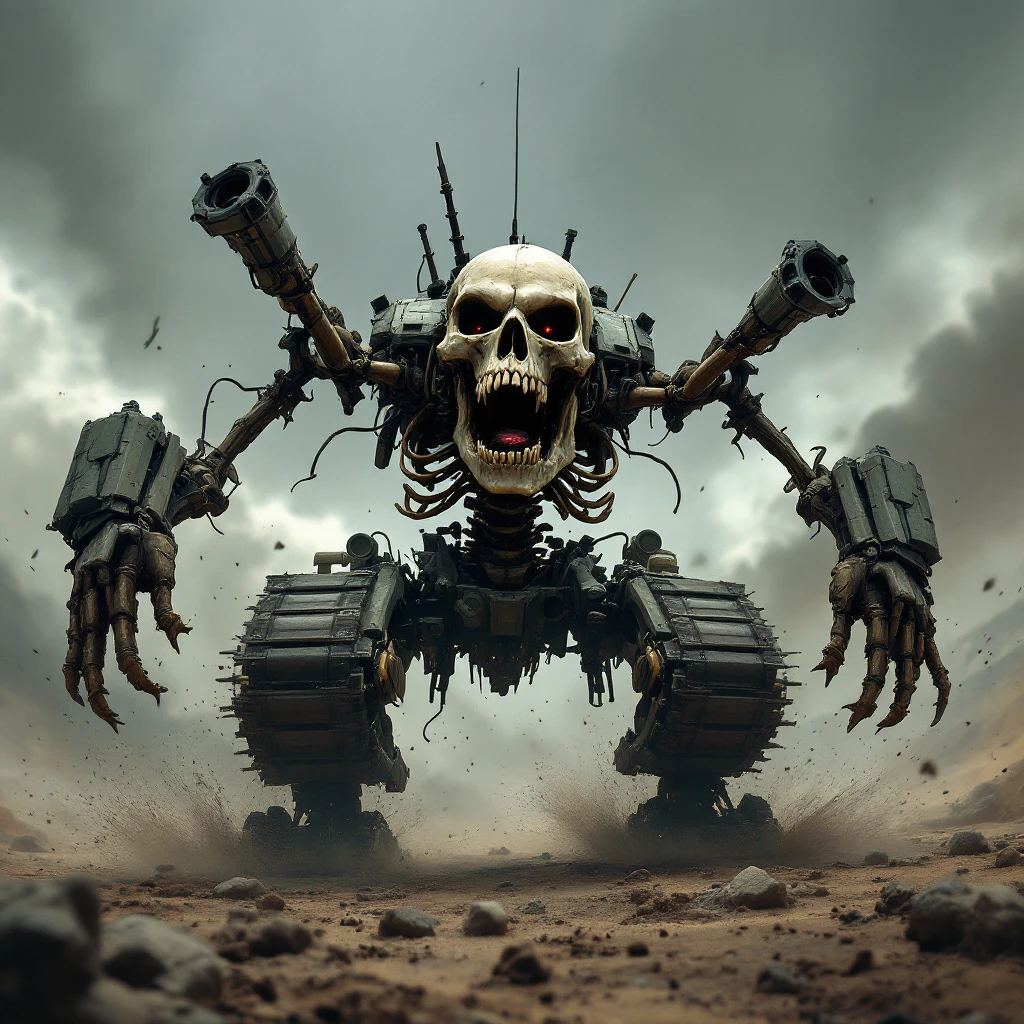 A skull tank with four arms and no legs, where the ribcage and spine connect directly to a tank chassis. The tank is rushing into battle, looking intimidating, depicted from a new angle in Flux Pro style. emoji
