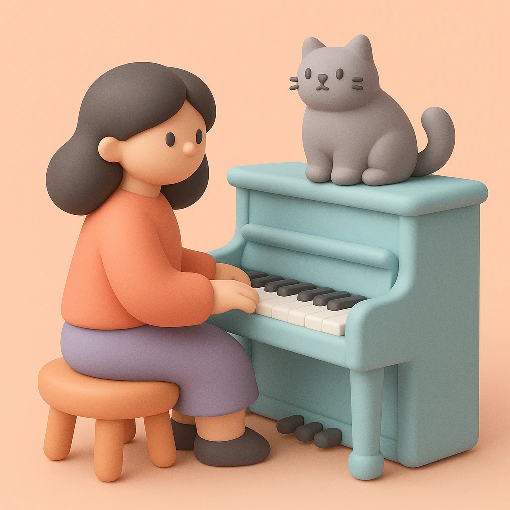 woman playing piano while her cat sits on top of the piano emoji