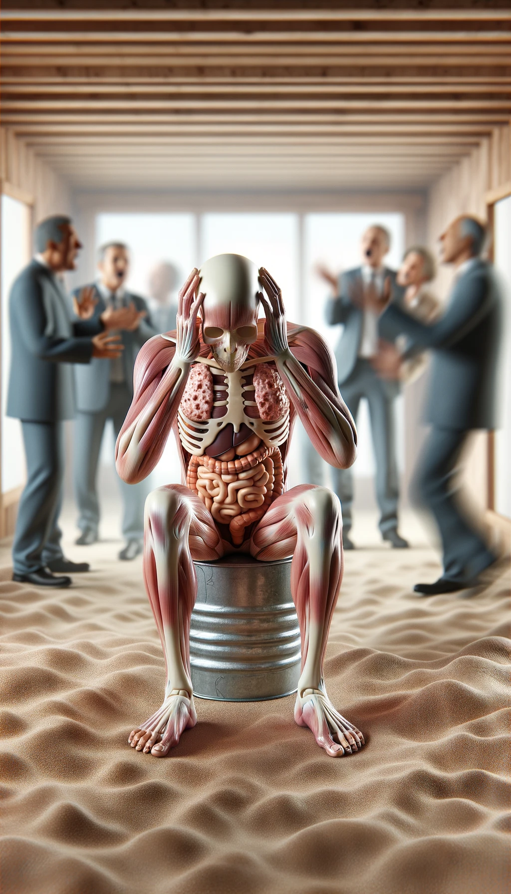 CORPO UMANO ANATOMICO SEDUTO a casa sua con intestinoa anatomico visibile CON PERSONE SFOCATE SULLO SFONDO CHE GLI PARLANO contro E LO ASSILLANO, LUI SI TIENE LE MANI SULLA TESTA ED è MOLTO STANCO E STRESSATO: non riesce ad ascoltare tutti quelli che gli stanno parlando, IPERREALISTICO 4K emoji