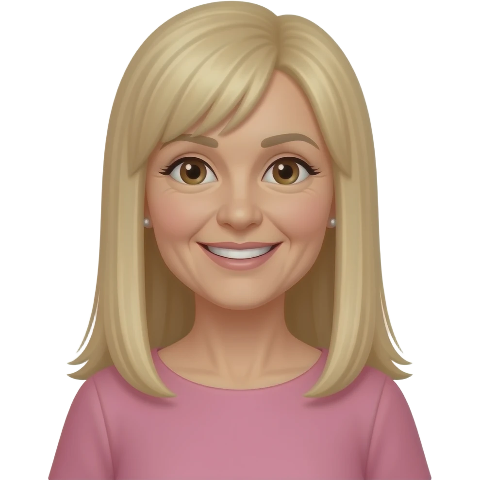 female, 50's blonde straight long hair, straight fringe, earrings, brown eyes, pink dress, smile with teeth emoji