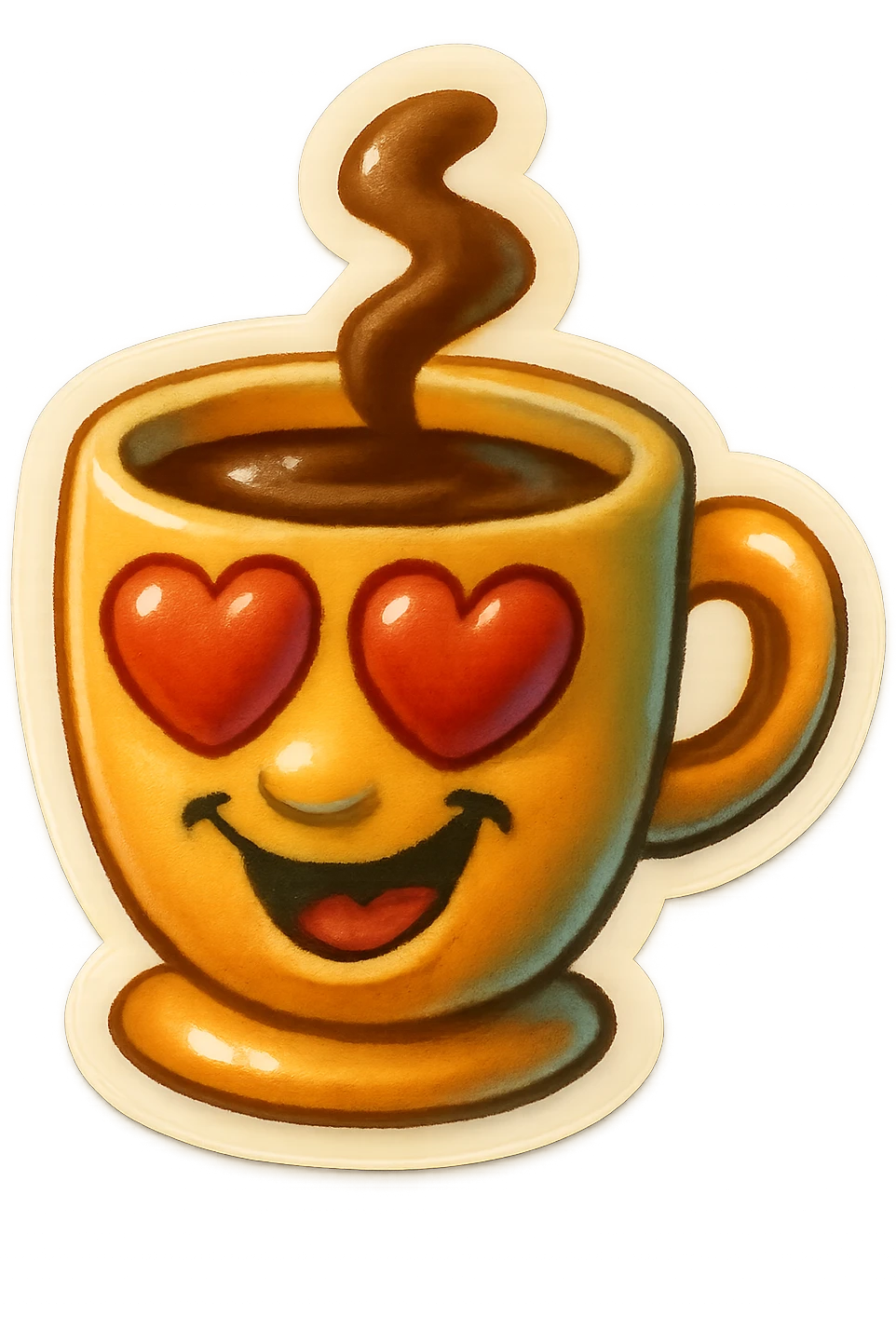 Ink wash style, coffee cup creature, big heart eyes, dopey smile emoji