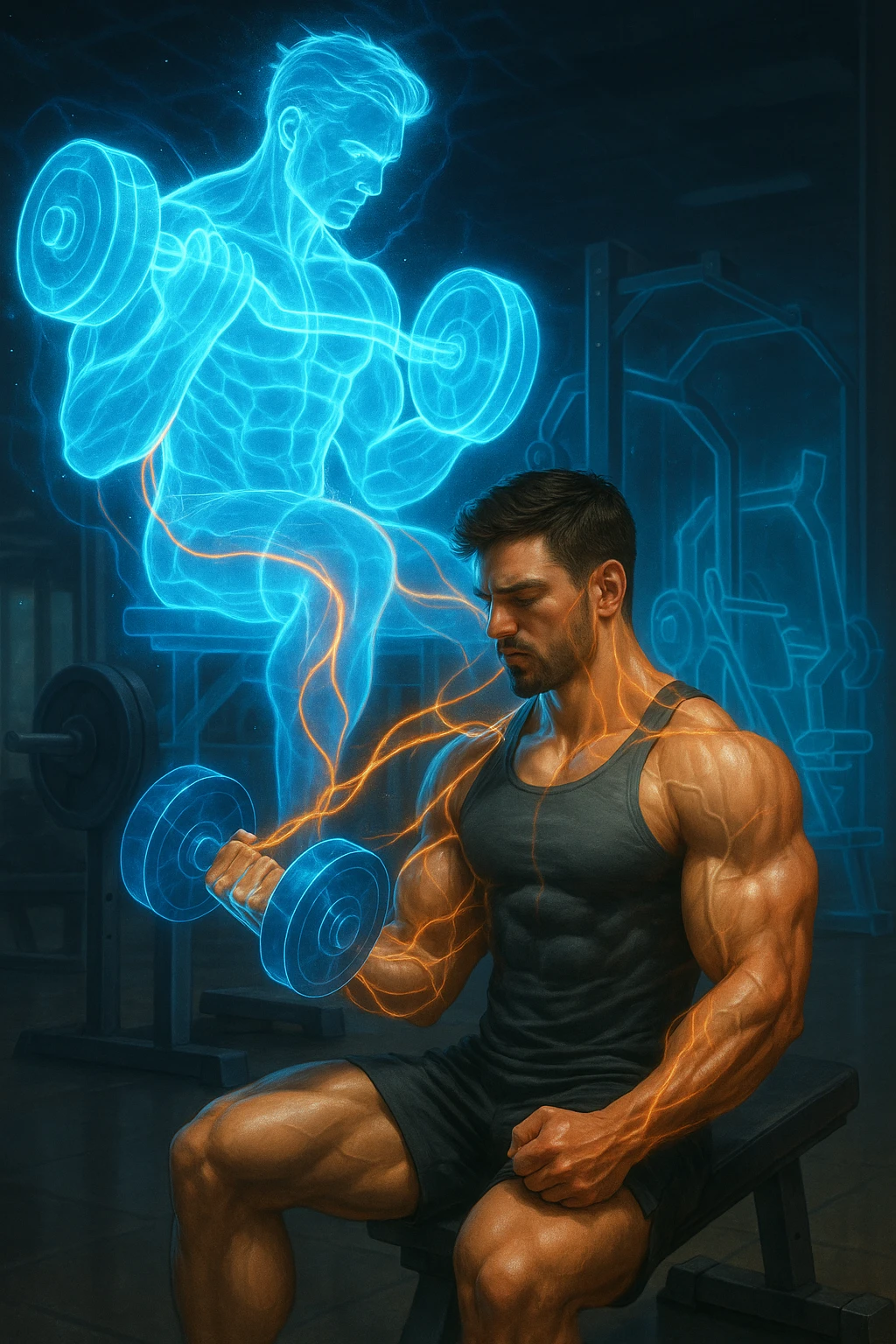 "Man's consciousness leaving his physical body to train in ethereal gym dimension, astral self performing intense workouts while physical body gains muscle mass in real world, expression of spiritual-physical connection mastery, translucent weights and equipment made of pure energy, muscle growth downloading from astral training into physical form" emoji