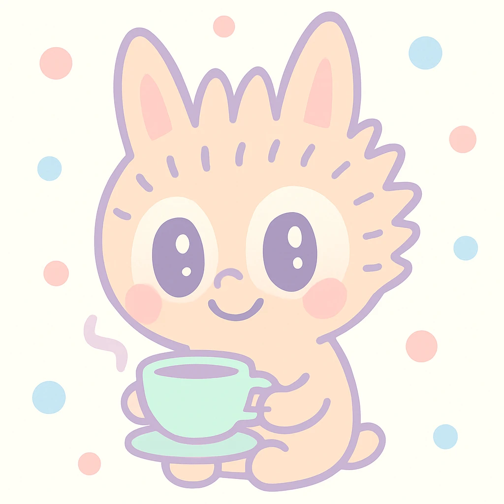 Labubu holding a teacup, steam rising, relaxed expression, cozy and cute style emoji