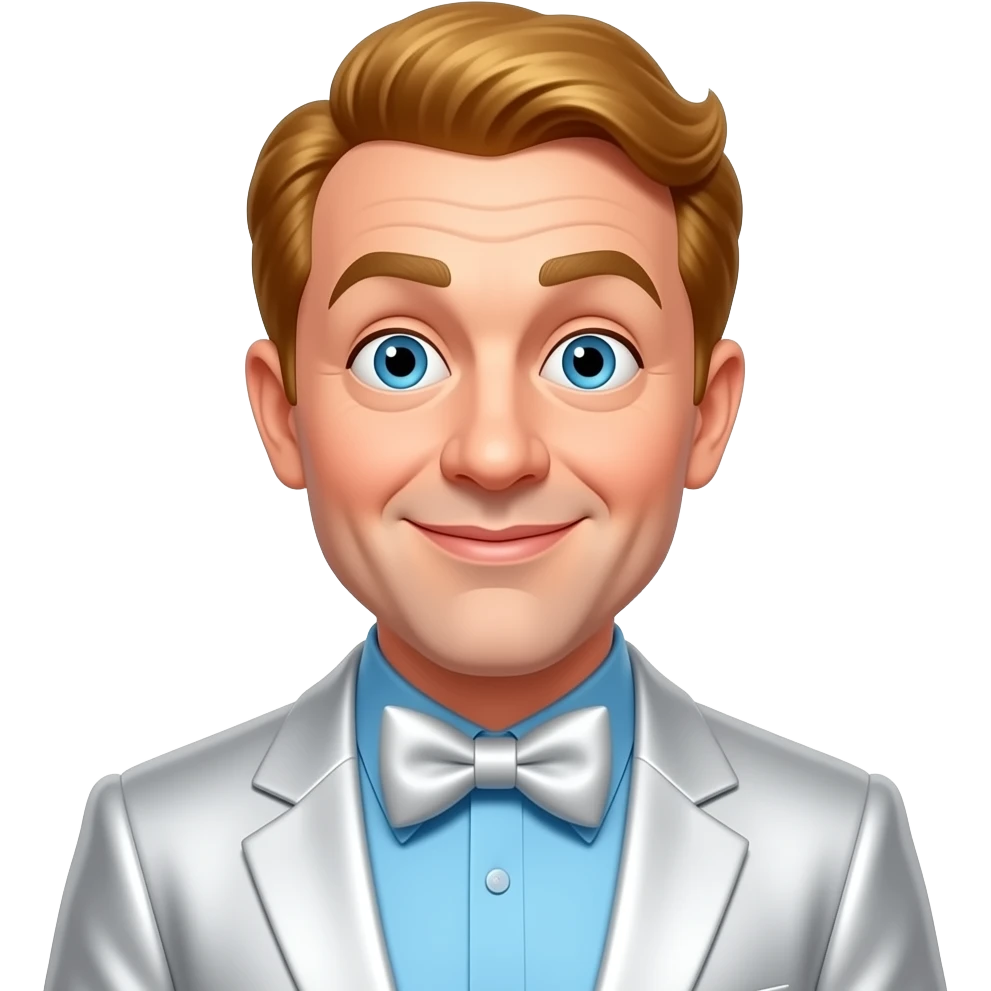 Curly Howard from The Three Stooges with blue eyes, reddish blonde short hair, light blue metallic shirt, white metallic suit jacket with bow tie emoji