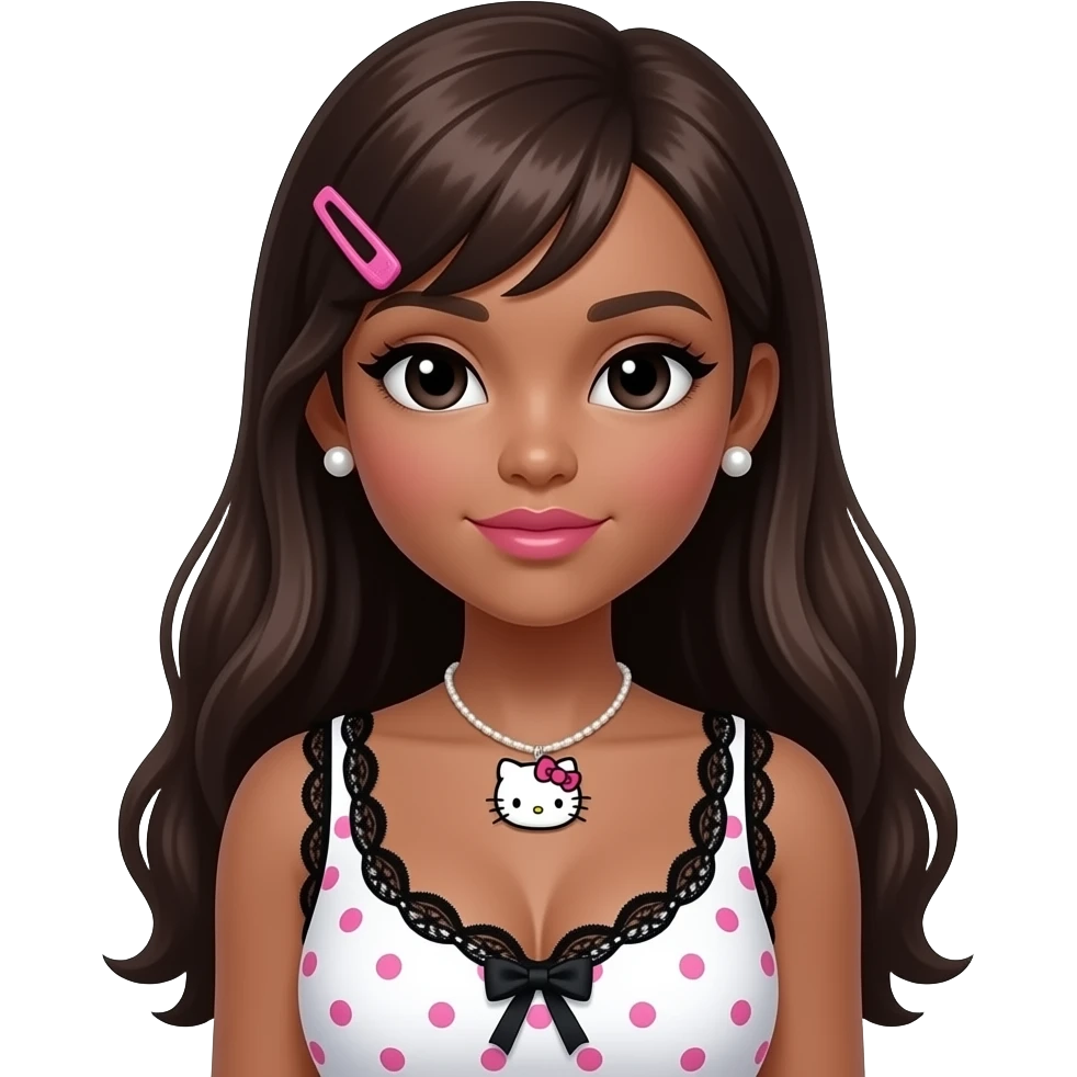 dark brown eyebrows, pearl earring studs, black girl, pink lips, my melody hairclip, dark brown skin, Doll faced shaped, hello kitty necklace, bimbo, black doll eyes, Big lips, long dark brown hair, with white or black lace baby pink polka dots with gyaru sleeveless shirt, with big breast emoji