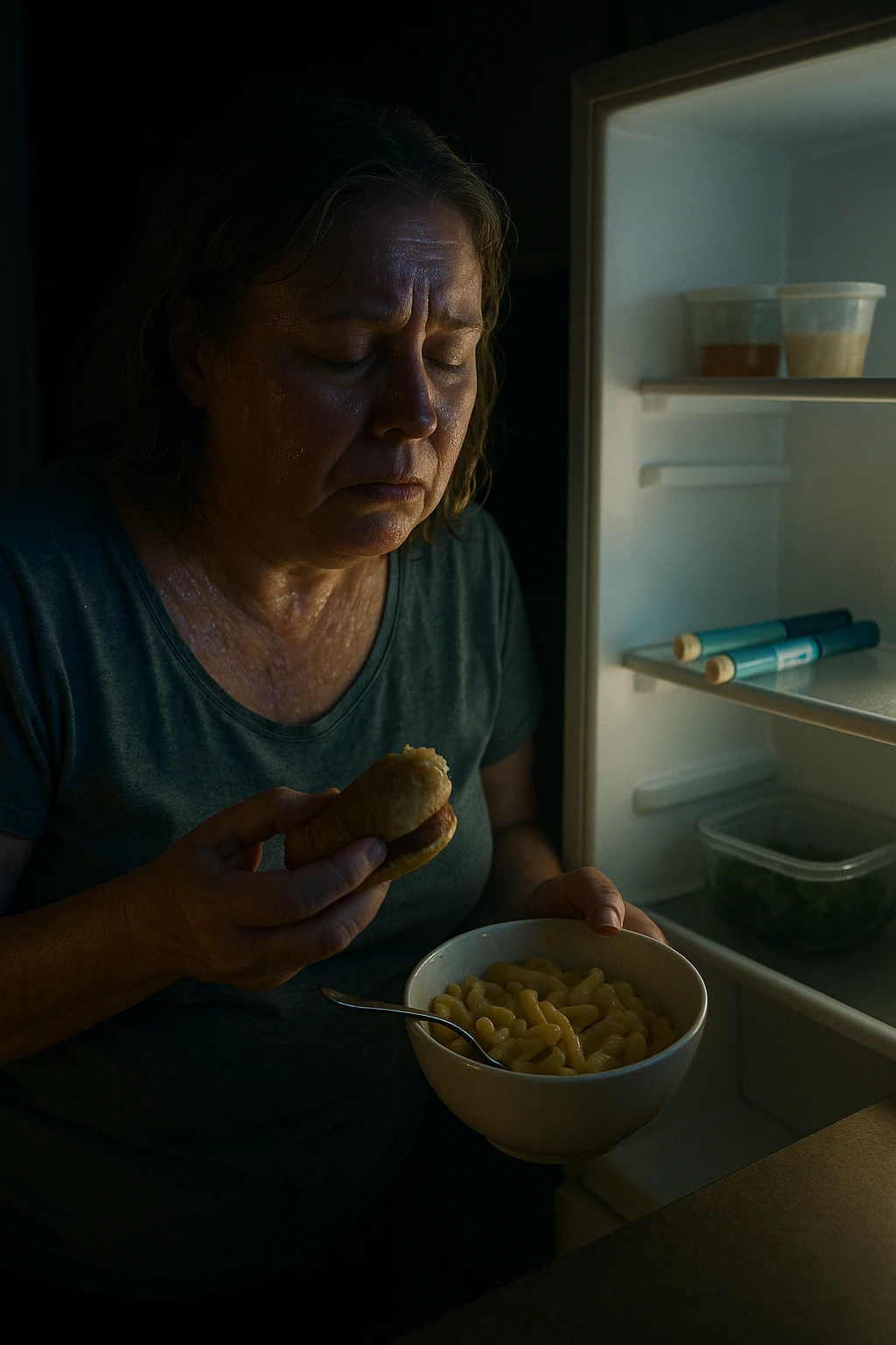Menopausal woman binge-eating at 2AM after night sweat, fridge light illuminating insulin pens emoji