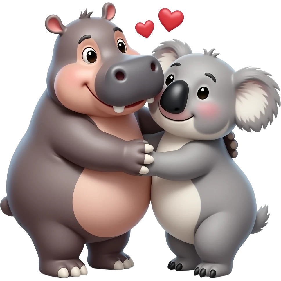 Hippo kissing koala face in love. Cuddling.  Hugging.  Realistic. Not cartoon.  Hearts.  Not animated. emoji