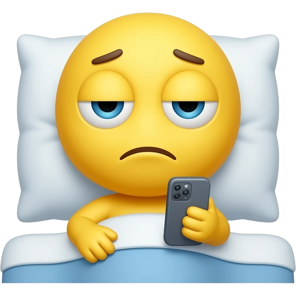 Yellow emoji face that looks tired & sleepy with one eye open and one eye shut checking phone messages in bed emoji